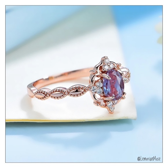 Alexandrite Sterling Silver Rose Gold Oval Color Changing Ring - Picture 2 of 6